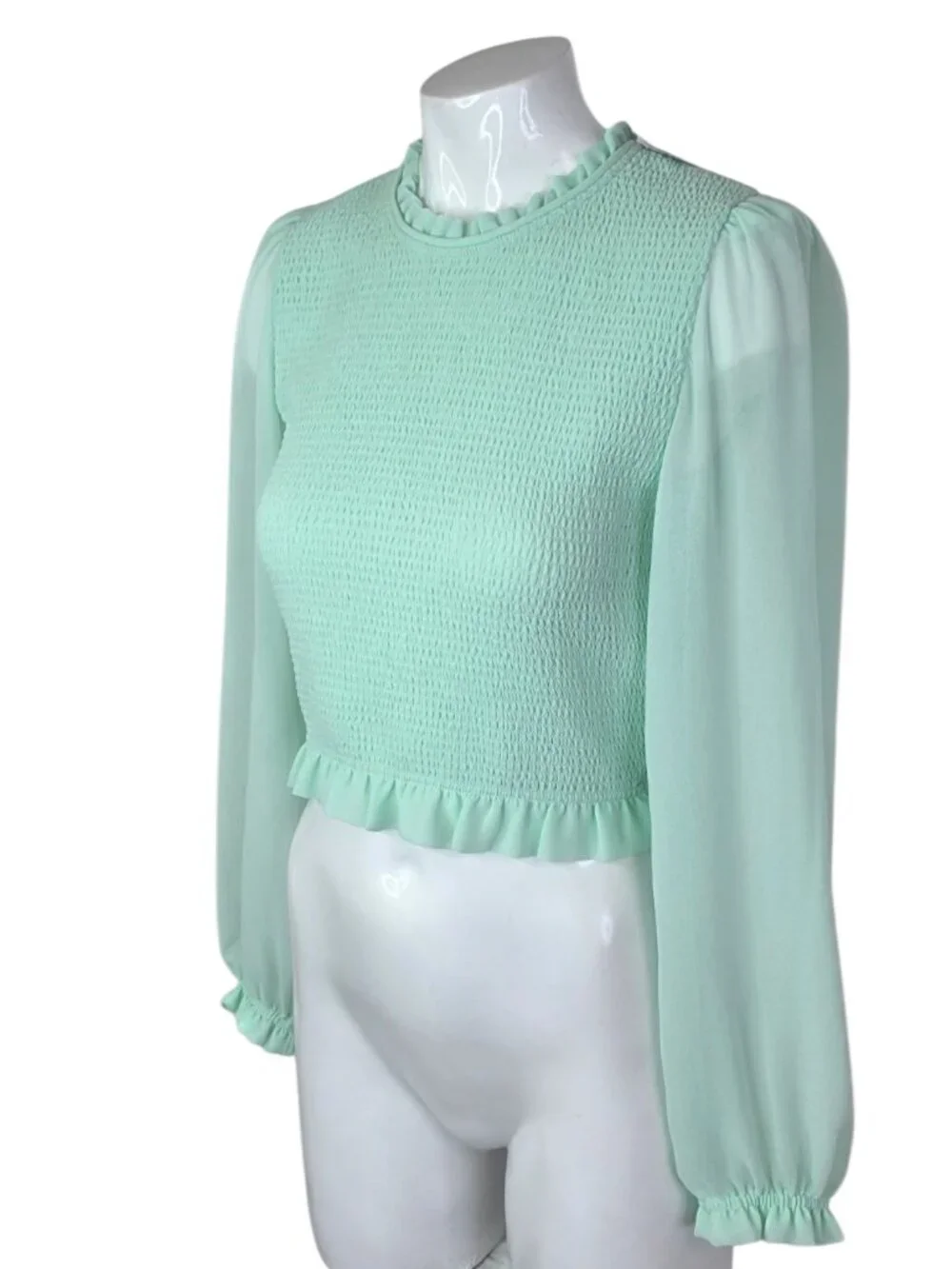 Aritzia Wilfred Tempest Blouse, Subtle Mint, Smocked, Sheer Sleeve, Sz S, Whimsi - Picture 2 of 6